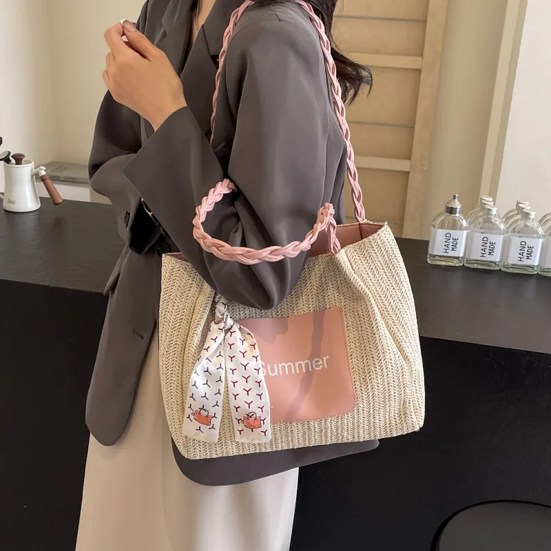 FAMAN Straw Woven Handbag, Shoulder Bag Women's White/Green/Pink/Coffee-3