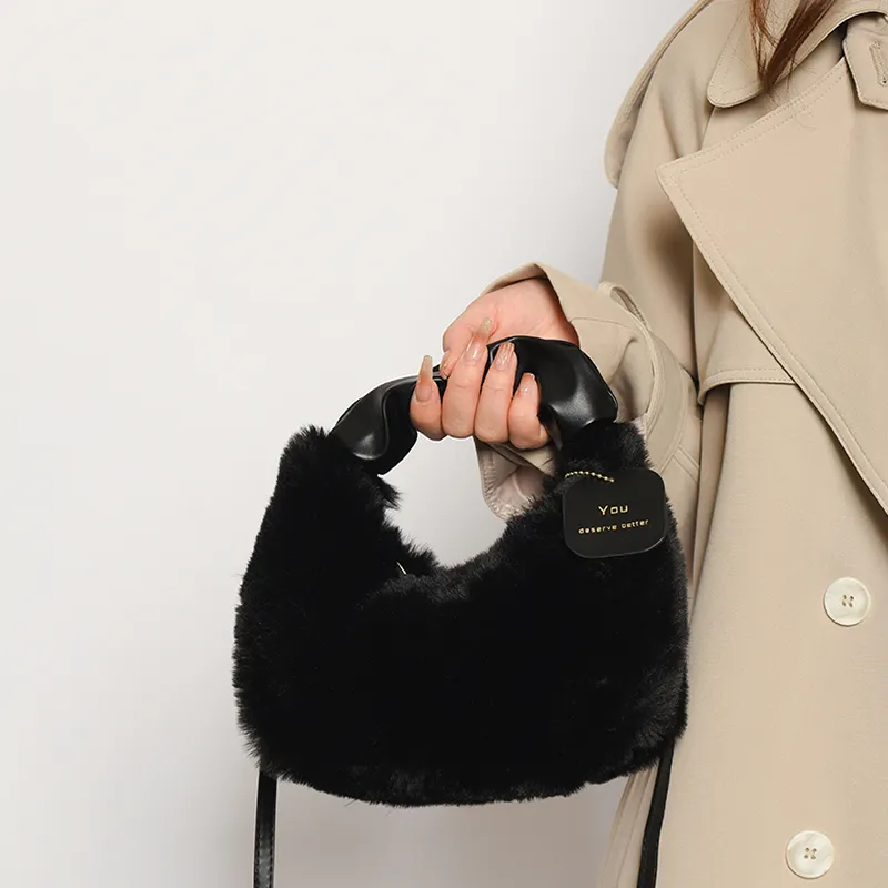FAMAN Plush Shoulder Bag, Crossbody Bag, Handbag Regular Women's Pink/Black/Coffee/Khaki/Ecru-14