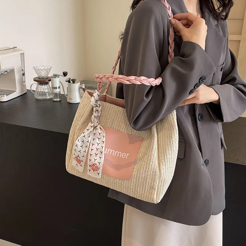 FAMAN Straw Woven Handbag, Shoulder Bag Women's White/Green/Pink/Coffee-2