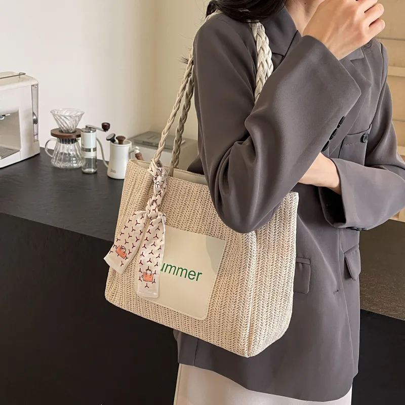 FAMAN Straw Woven Handbag, Shoulder Bag Women's White/Green/Pink/Coffee-14