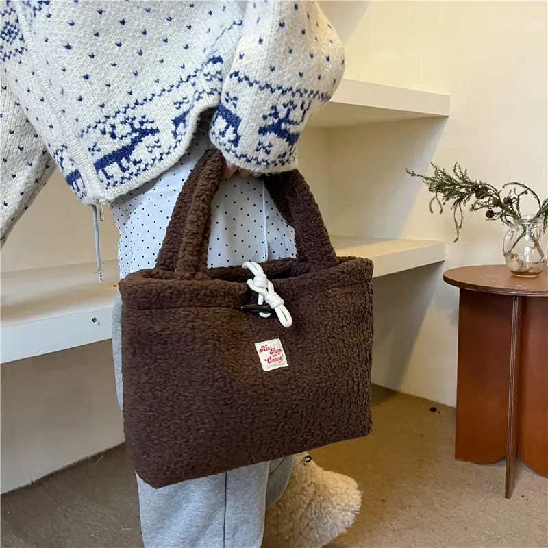 FAMAN Lamb's Wool Fabric Tote Bag Shopping Bag Crossbody Handbag Women's Khaki/White/Coffee-13