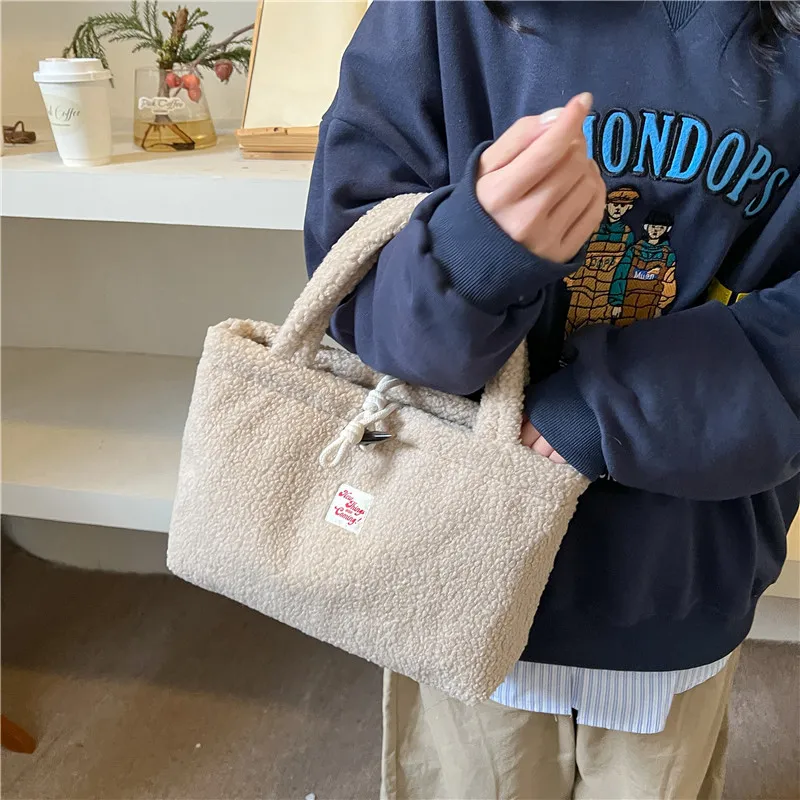 FAMAN Lamb's Wool Fabric Tote Bag Shopping Bag Crossbody Handbag Women's Khaki/White/Coffee-2