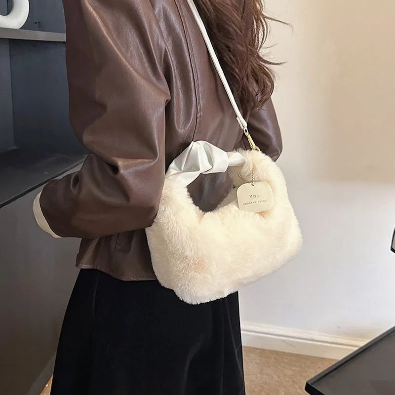 FAMAN Plush Shoulder Bag, Crossbody Bag, Handbag Regular Women's Pink/Black/Coffee/Khaki/Ecru-20