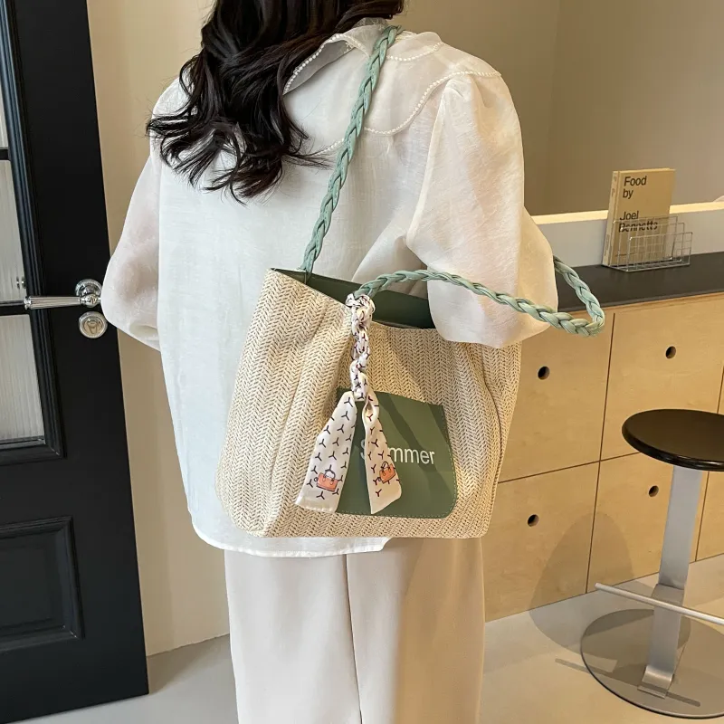 FAMAN Straw Woven Handbag, Shoulder Bag Women's White/Green/Pink/Coffee-7