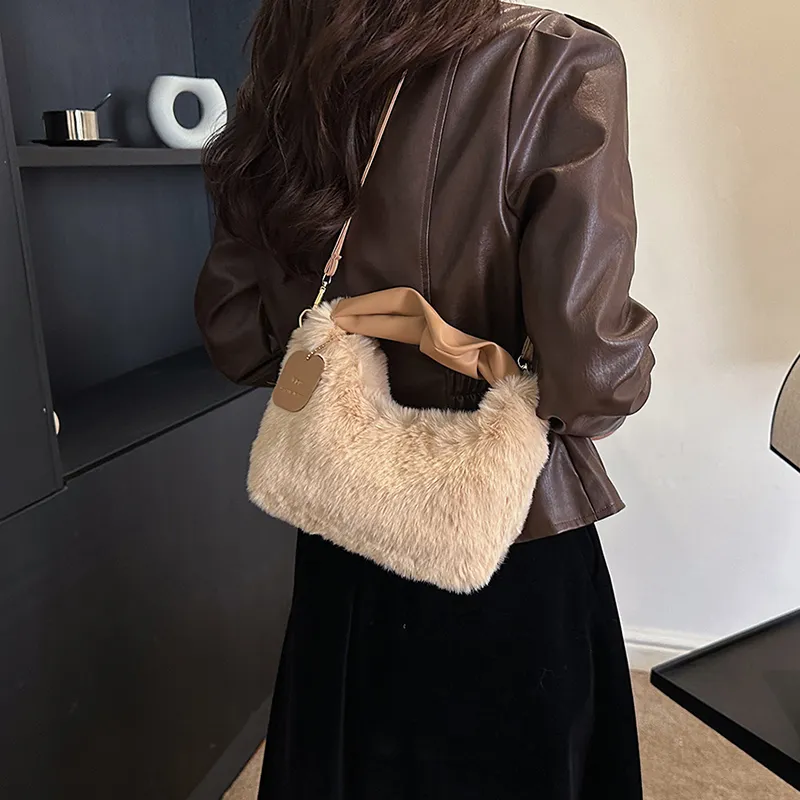 FAMAN Plush Shoulder Bag, Crossbody Bag, Handbag Regular Women's Pink/Black/Coffee/Khaki/Ecru-11