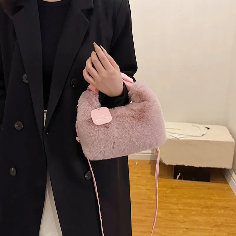 FAMAN Plush Shoulder Bag, Crossbody Bag, Handbag Regular Women's Pink/Black/Coffee/Khaki/Ecru-3