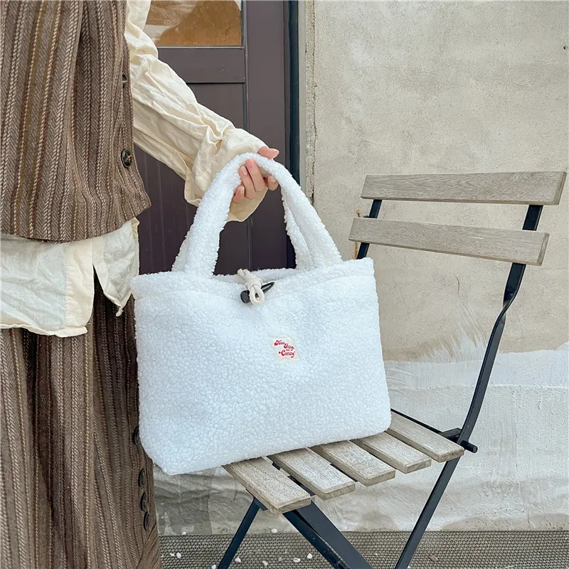 FAMAN Lamb's Wool Fabric Tote Bag Shopping Bag Crossbody Handbag Women's Khaki/White/Coffee-8