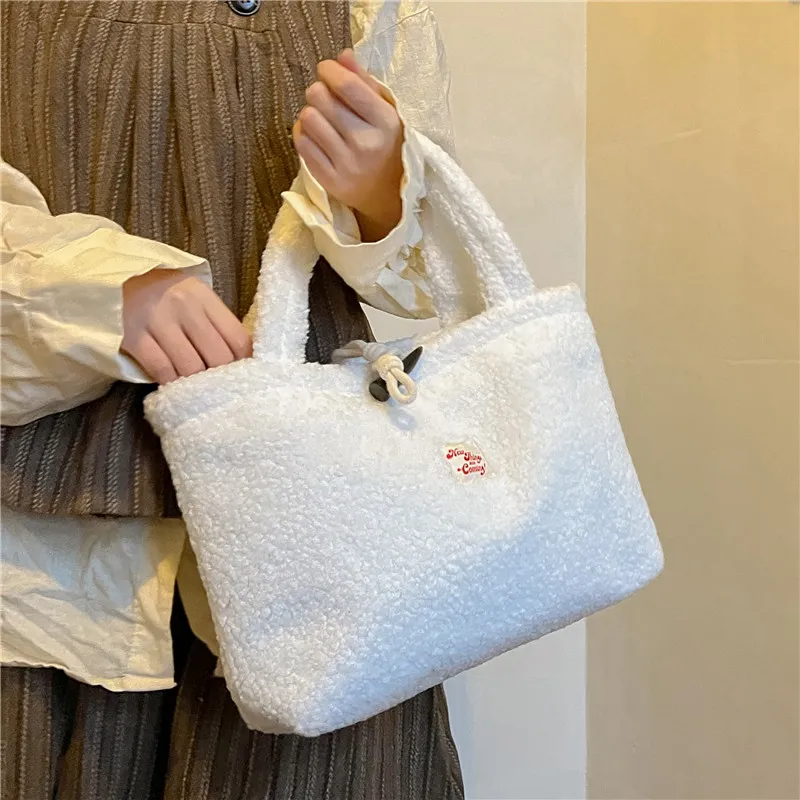 FAMAN Lamb's Wool Fabric Tote Bag Shopping Bag Crossbody Handbag Women's Khaki/White/Coffee-7