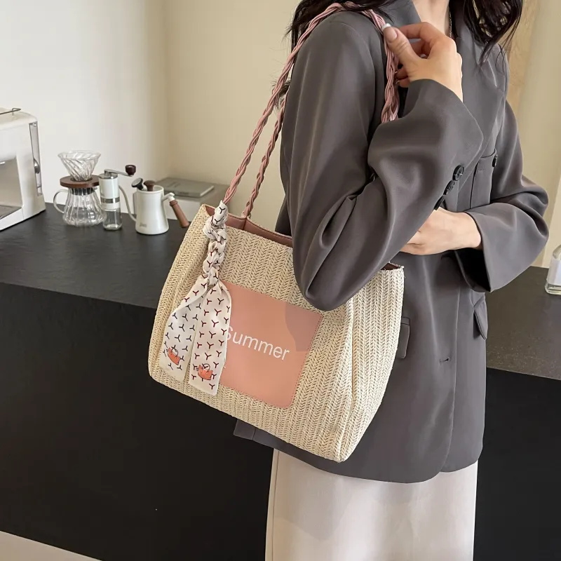 FAMAN Straw Woven Handbag, Shoulder Bag Women's White/Green/Pink/Coffee-1