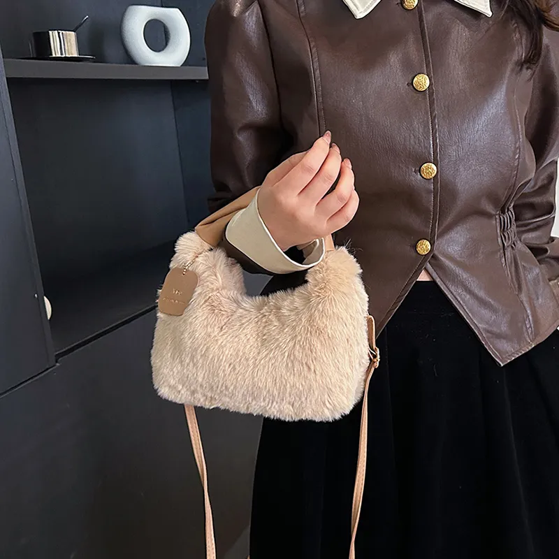 FAMAN Plush Shoulder Bag, Crossbody Bag, Handbag Regular Women's Pink/Black/Coffee/Khaki/Ecru-8