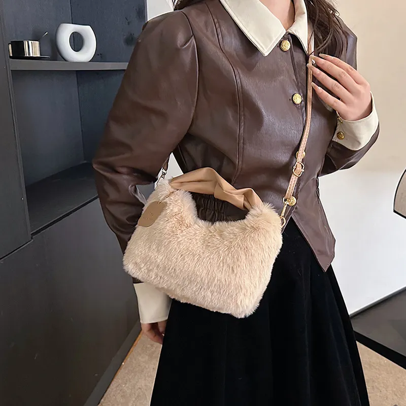 FAMAN Plush Shoulder Bag, Crossbody Bag, Handbag Regular Women's Pink/Black/Coffee/Khaki/Ecru-10