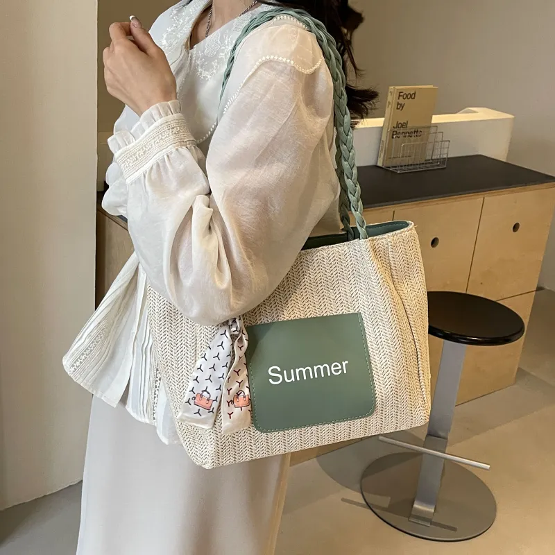 FAMAN Straw Woven Handbag, Shoulder Bag Women's White/Green/Pink/Coffee-9