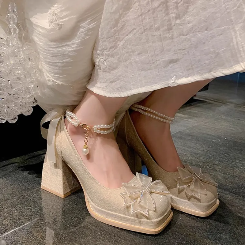 Feo Dvke Chunky Heel High Heels 7cm Women's Apricot Gift Box Set-2
