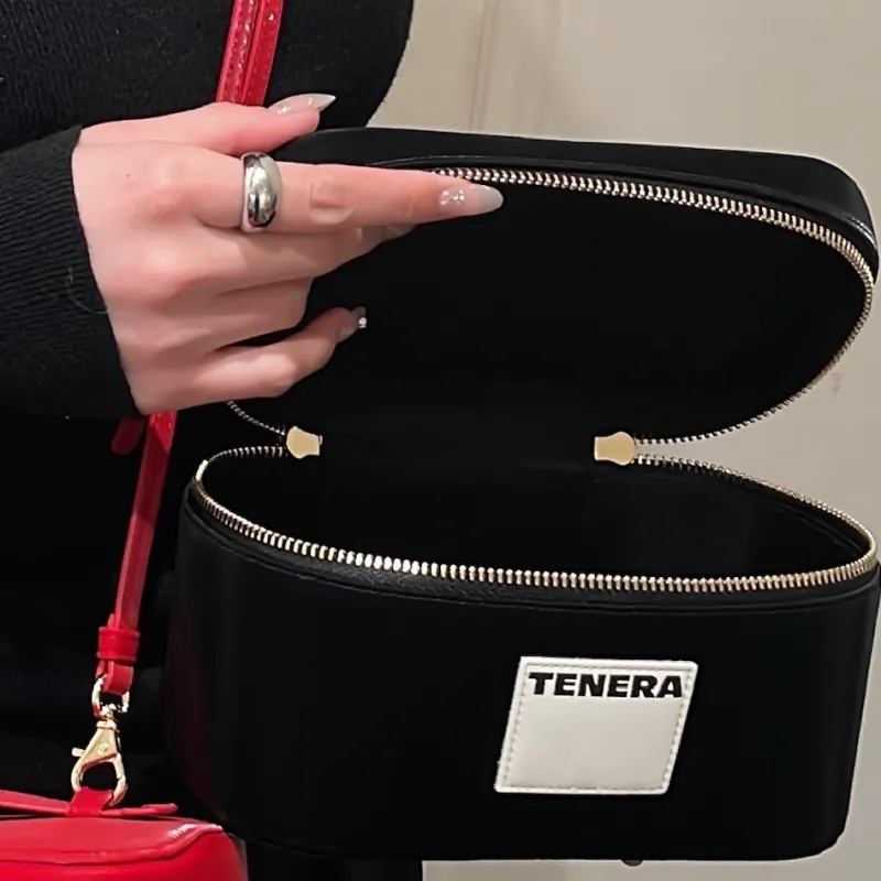 Tenera Environmentally Friendly Plain Leather Material Makeup Case One Shoulder Handbag Regular Unisex Velour Black-4