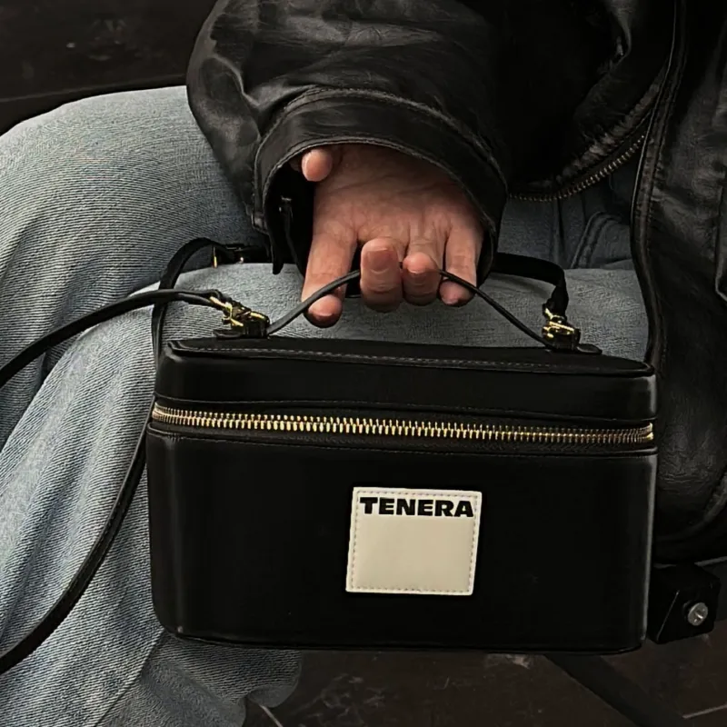 Tenera Environmentally Friendly Plain Leather Material Makeup Case One Shoulder Handbag Regular Unisex Velour Black-2