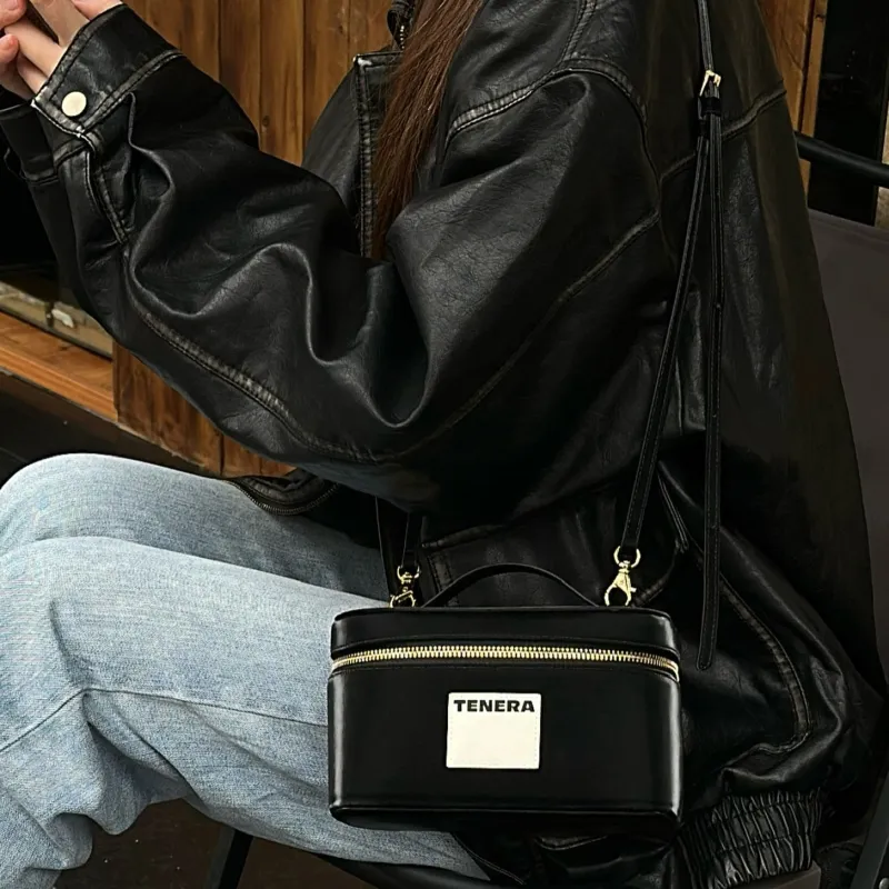 Tenera Environmentally Friendly Plain Leather Material Makeup Case One Shoulder Handbag Regular Unisex Velour Black-3