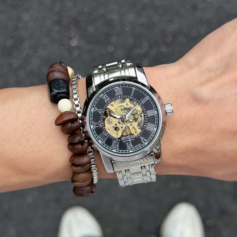 AIYISHI Automatic Mechanical Movement Stainless Steel Watchband Watch Men's Watches Black Dial-7