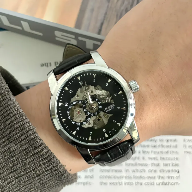 AIYISHI Play The Cool Series Automatic Mechanical Movement Leather Watch Bands Chinese Watches Men's Watches Black Dial-1