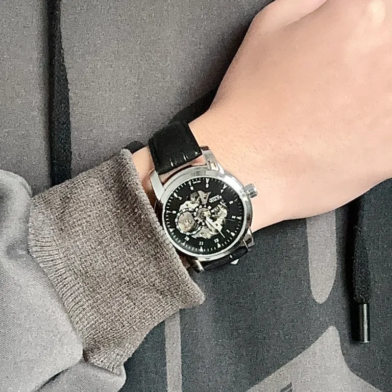 AIYISHI Play The Cool Series Automatic Mechanical Movement Leather Watch Bands Chinese Watches Men's Watches Black Dial-6