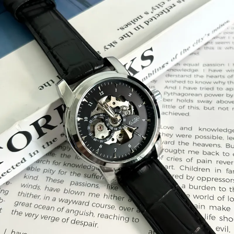 AIYISHI Play The Cool Series Automatic Mechanical Movement Leather Watch Bands Chinese Watches Men's Watches Black Dial-4