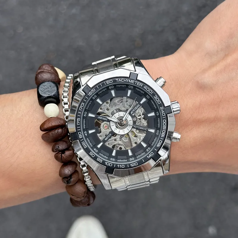 AIYISHI Automatic Mechanical Movement Stainless Steel Watchband Watch Unisex Cut-Out Dial-7