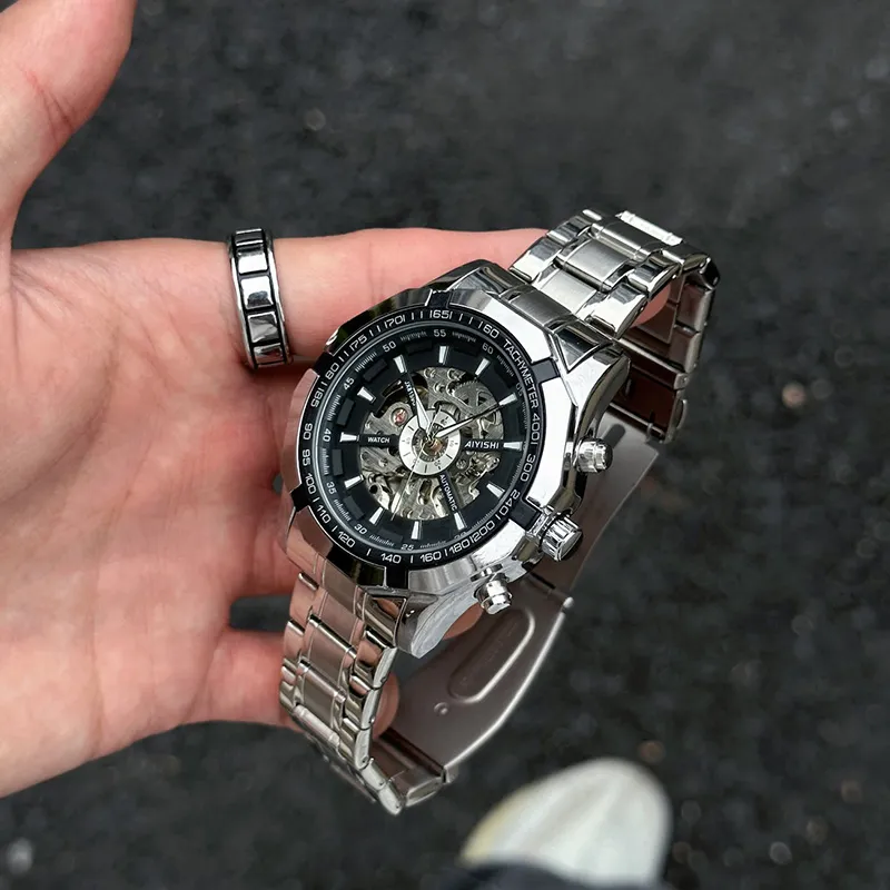 AIYISHI Automatic Mechanical Movement Stainless Steel Watchband Watch Unisex Cut-Out Dial-3