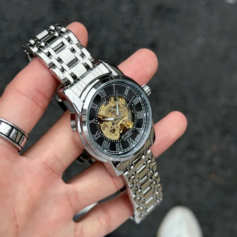 AIYISHI Automatic Mechanical Movement Stainless Steel Watchband Watch Men's Watches Black Dial-9