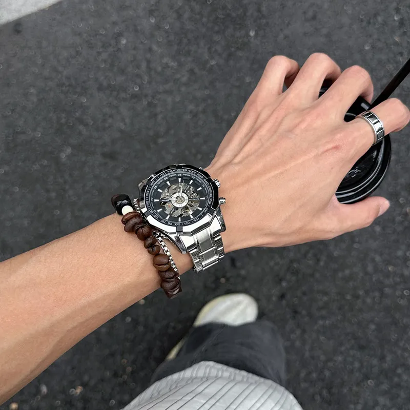 AIYISHI Automatic Mechanical Movement Stainless Steel Watchband Watch Unisex Cut-Out Dial-5