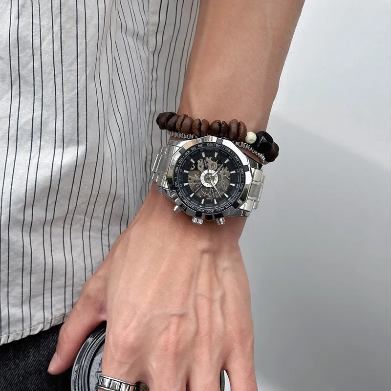 AIYISHI Automatic Mechanical Movement Stainless Steel Watchband Watch Unisex Cut-Out Dial-6