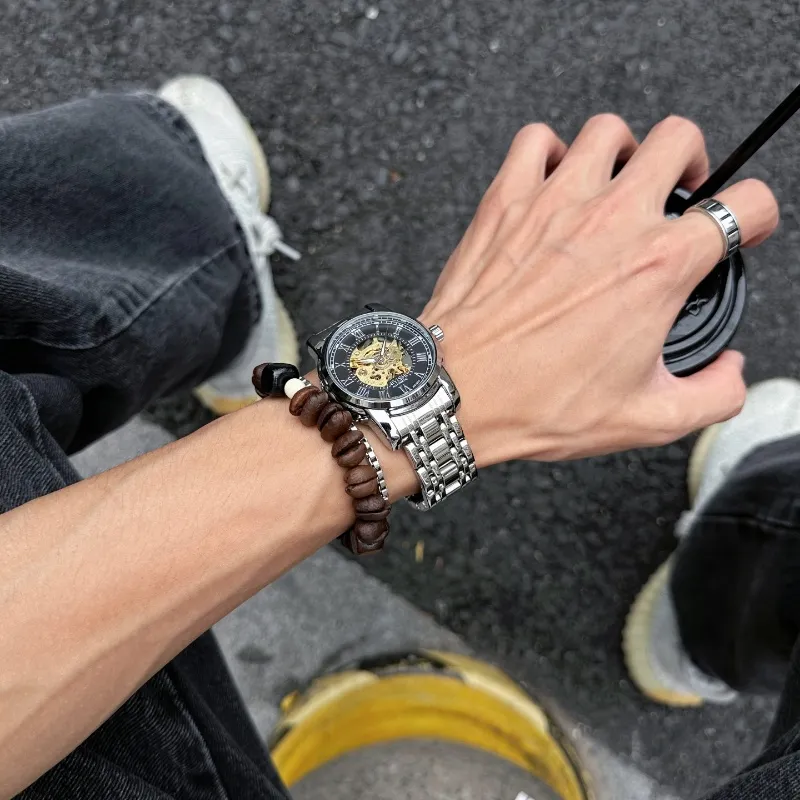 AIYISHI Automatic Mechanical Movement Stainless Steel Watchband Watch Men's Watches Black Dial-6