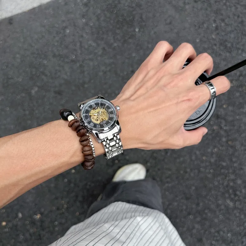 AIYISHI Automatic Mechanical Movement Stainless Steel Watchband Watch Men's Watches Black Dial-5