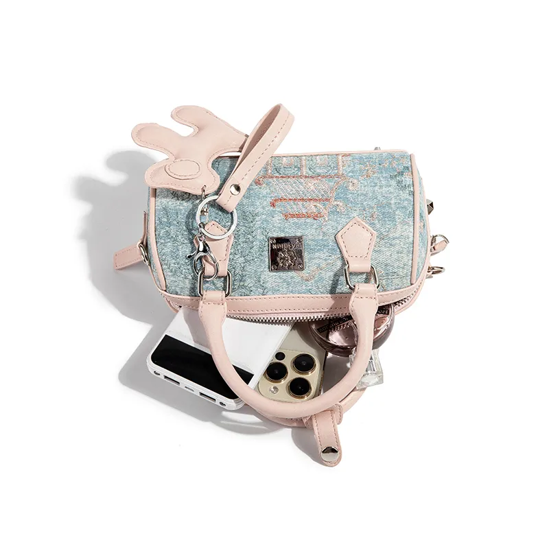 CAEISL&KCIEL Polyurethane Synthetic Leather Handbag Women's Blue And White Embroidered Pink-4