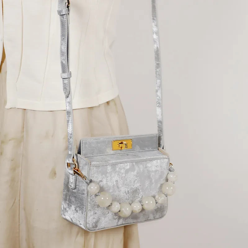 TOMATO&POTATO Cow Leather Shoulder Bag, Crossbody Bag, Handbag Regular Women's Olive Green/Ice Green/Silver/Ivory-17