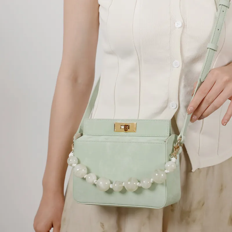 TOMATO&POTATO Cow Leather Shoulder Bag, Crossbody Bag, Handbag Regular Women's Olive Green/Ice Green/Silver/Ivory-9