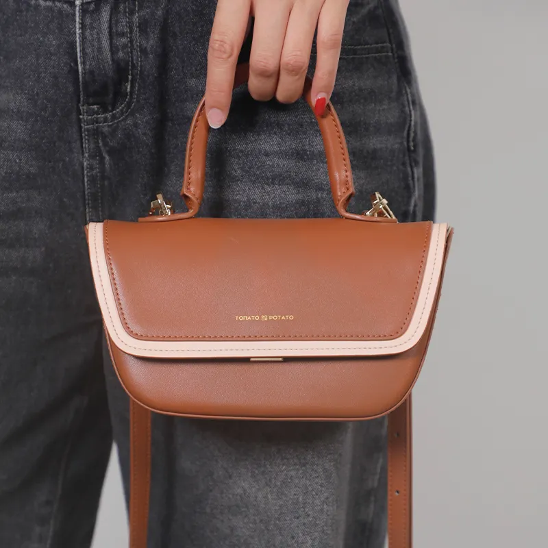 TOMATO&POTATO Cow Leather Portable One Shoulder Crossbody Bag Regular Women's Brown/Apricot-4