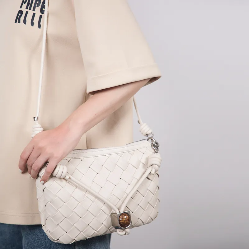 TOMATO&POTATO Cow Leather Crossbody Bag, Shoulder Bag Women's Black/Milkshake White/Blue-4