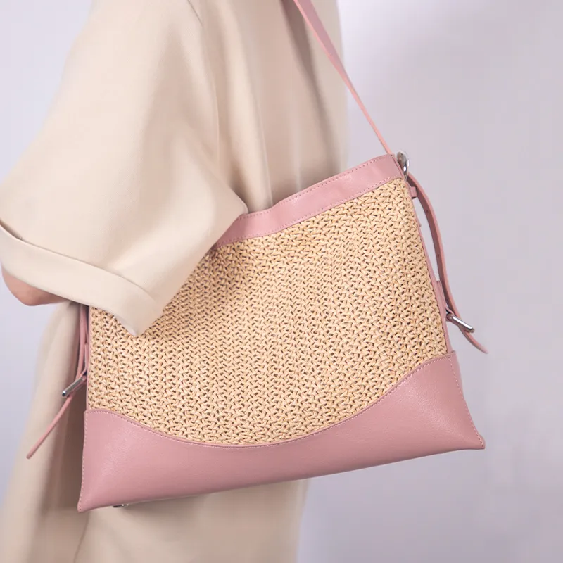 TOMATO&POTATO Cow Leather Woven Bag, Shoulder Bag Women's Straw Woven & Brown & Pink-9