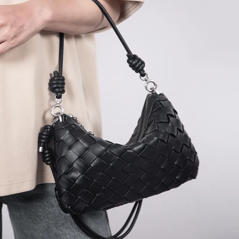 TOMATO&POTATO Cow Leather Crossbody Bag, Shoulder Bag Women's Black/Milkshake White/Blue-9