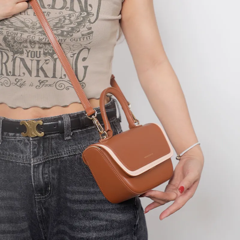 TOMATO&POTATO Cow Leather Portable One Shoulder Crossbody Bag Regular Women's Brown/Apricot-3