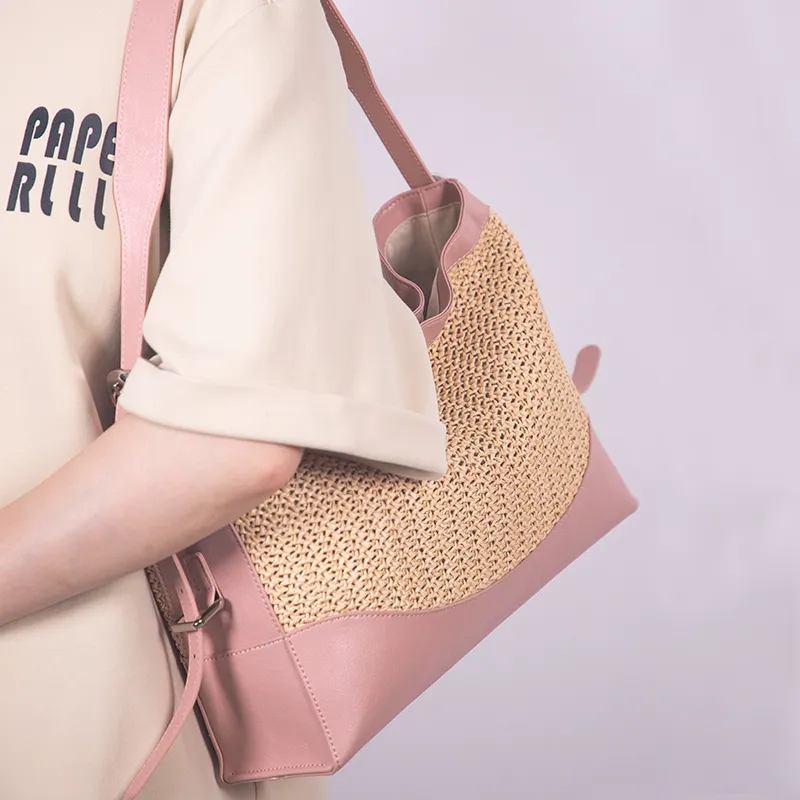 TOMATO&POTATO Cow Leather Woven Bag, Shoulder Bag Women's Straw Woven & Brown & Pink-10