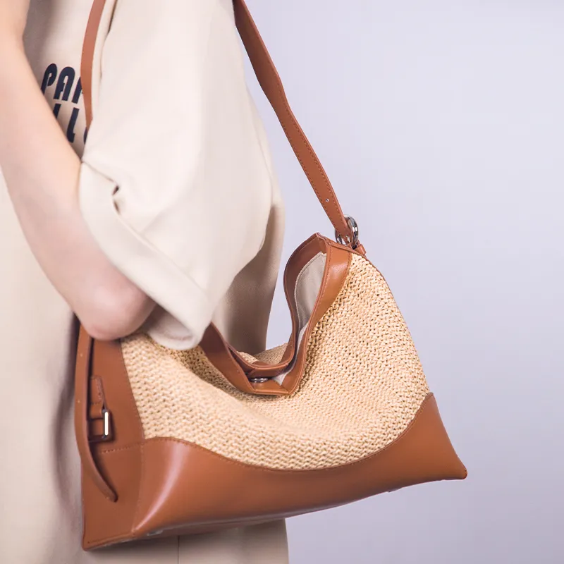 TOMATO&POTATO Cow Leather Woven Bag, Shoulder Bag Women's Straw Woven & Brown & Pink-3