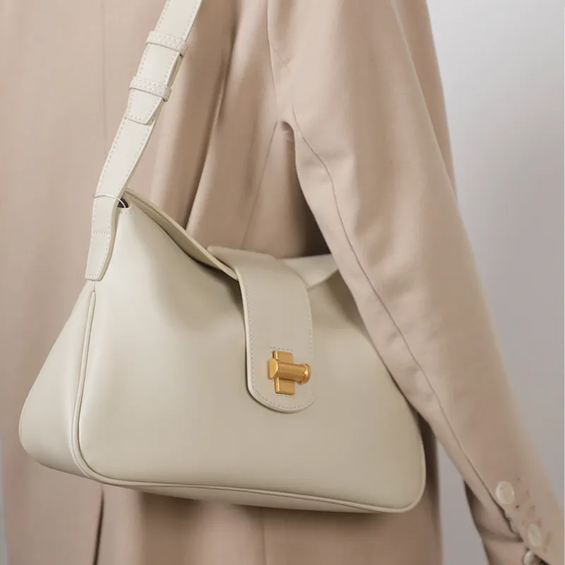 TOMATO&POTATO Cow Leather Handbag, Shoulder Bag Women's Ecru/Gray/Khaki-2