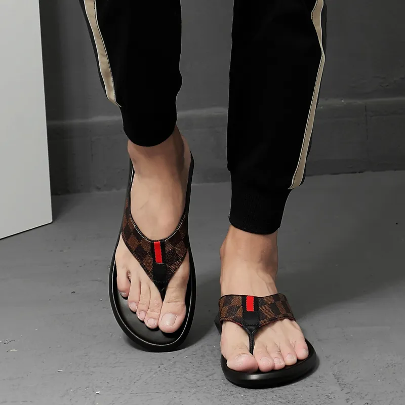 Dunnu Rubber Sole Leather Patchwork Quiet Flip Flops Men's-3