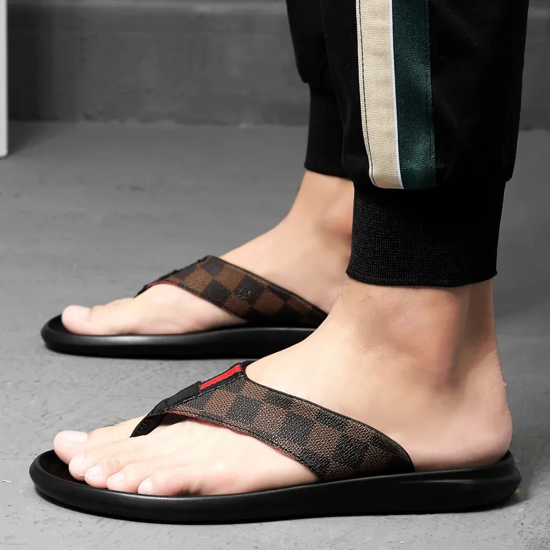 Dunnu Rubber Sole Leather Patchwork Quiet Flip Flops Men's-1
