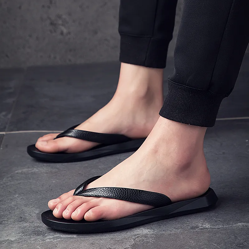 Dunnu Rubber Sole Leather Patchwork Odor Resistant Flip Flops Men's Black-4