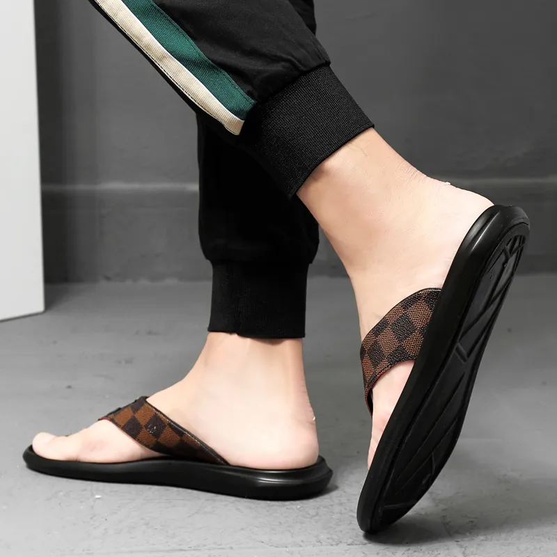 Dunnu Rubber Sole Leather Patchwork Quiet Flip Flops Men's-2