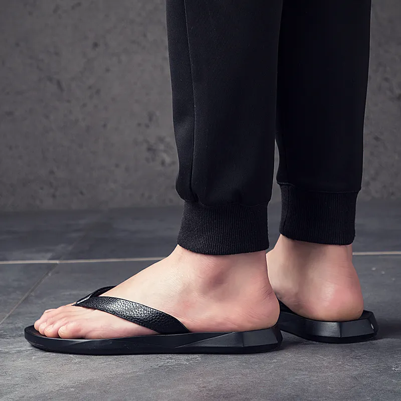 Dunnu Rubber Sole Leather Patchwork Odor Resistant Flip Flops Men's Black-3