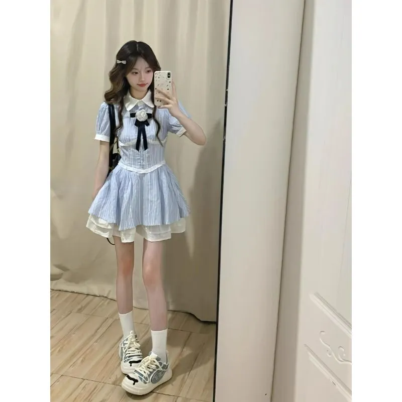 POPO.INFO Short Sleeved Dresses Women's Blue-4