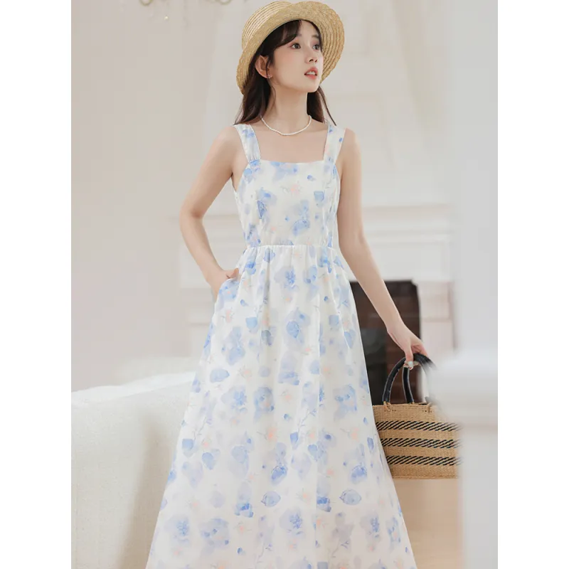 POPO.INFO Slip Dresses Women's White With Blue Floral-3