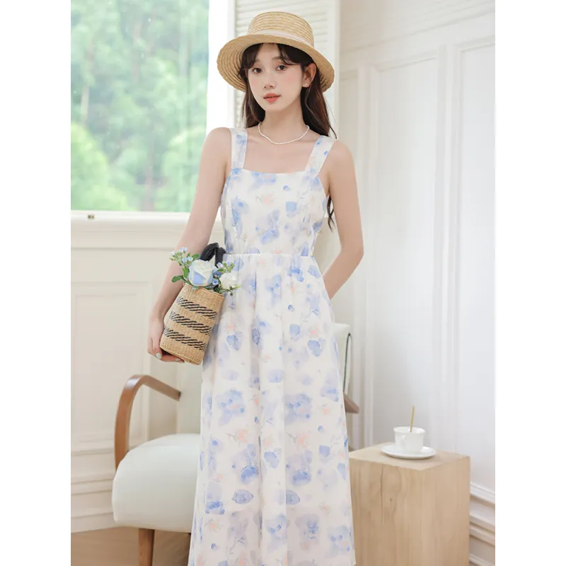 POPO.INFO Slip Dresses Women's White With Blue Floral-4